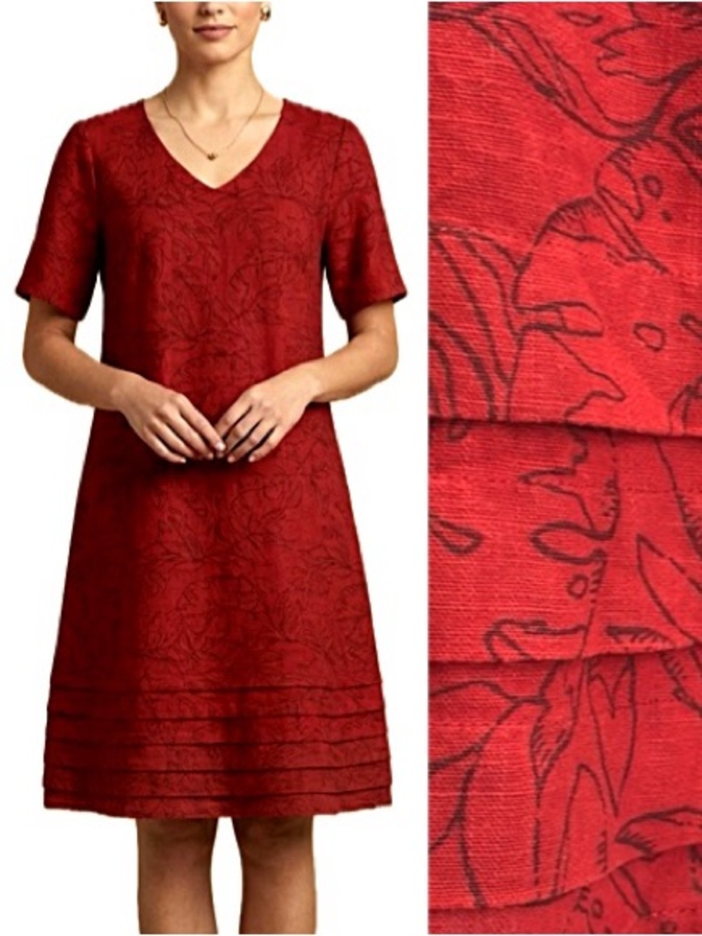 Nicole Miller Linen Blend Hawaiian Print Dress Size M Short Sleeve V-Neck A-Line